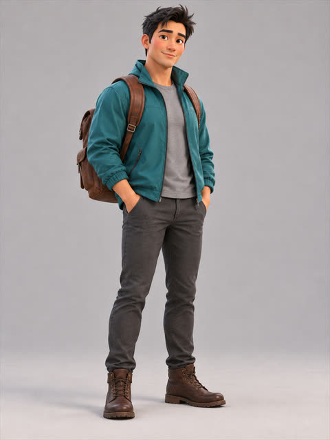 Ken in a teal jacket with a brown backpack