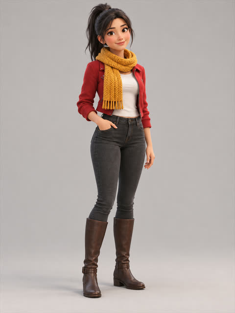 Mei in a red jacket and mustard scarf