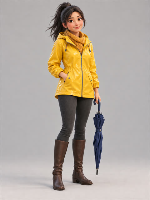 Mei in a yellow raincoat with a navy umbrella