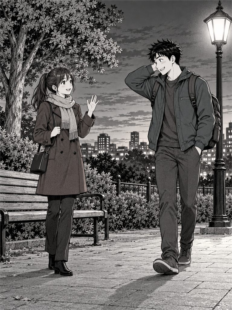 The scene as black and white Japanese manga
