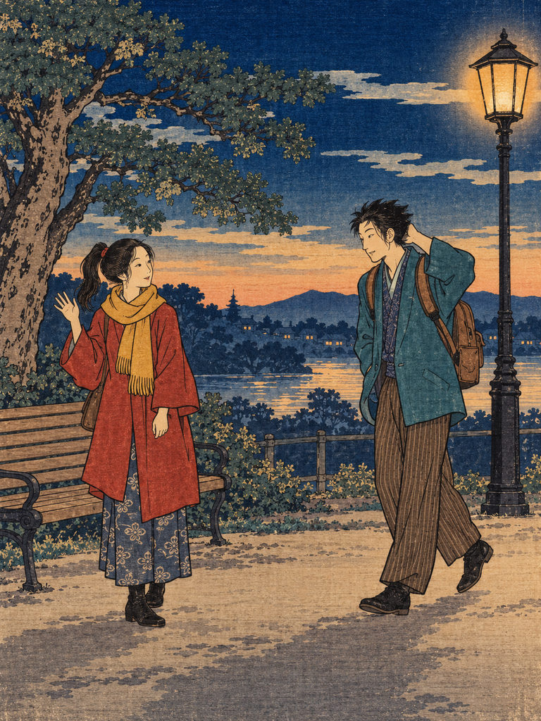 The scene as a ukiyo-e woodblock print